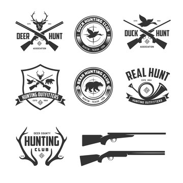 Set of hunting related labels badges emblems. Vector vintage illustration.