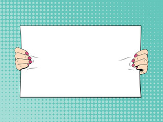 Female hands holding blank banner. Illustration in comic style
