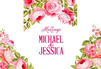 Marriage invitation card. Invitation card template with blooming flowers and custom text isolated over white. Flower garland for invitation card. Vector illustration.