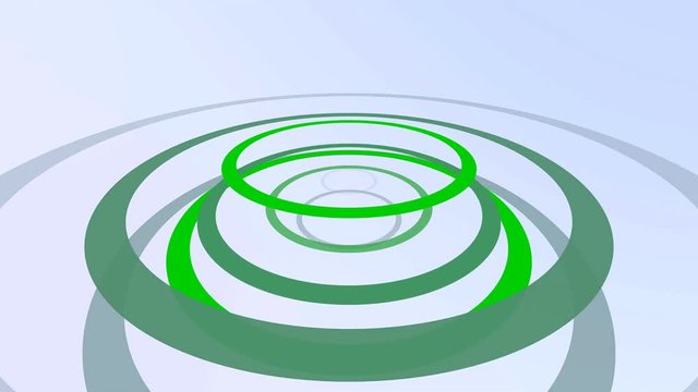 Computer generated animated green and gray forming circles on white background for use as a desktop screen saver, text overlay, or subtle design element background for corporate presentations..
