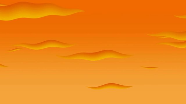 A cartoon animation of a sunset with moving clouds and orange sky