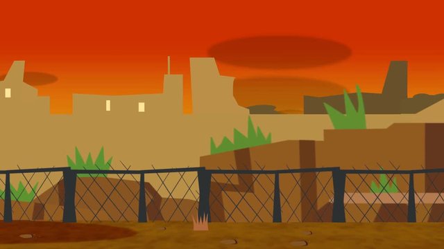 Animated cartoon of an old run down city in front of a fenced off border during sunset slowly pan in to show a cityscape of ruin. 	