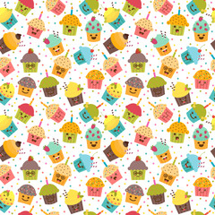 Birthday background. Kawaii cupcakes. Seamless pattern with cupc