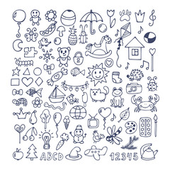 Collection of hand drawn cute doodles. Doodle children drawing.
