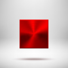 Red abstract technology square badge, blank button template with metal texture, chrome, silver, steel, bronze, copper, rust and realistic shadow for logo, design concepts, web. Vector illustration.