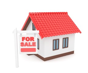 Miniature model of house real estate for sale on white background. Agency sale. 3D rendering.