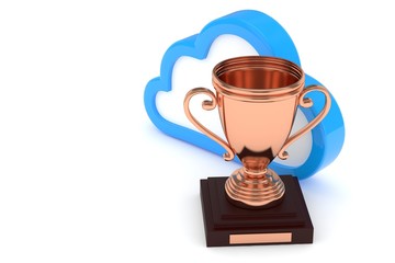 Isoalted bronze cup with cloud on white background. Blue contour cloud. Concept of storage competition. Leader cloud drive. Best storage contest. 3D rendering.