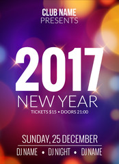 New Year party design banner. Event celebration flyer template bokeh lights. New year festive poster invitation 2017