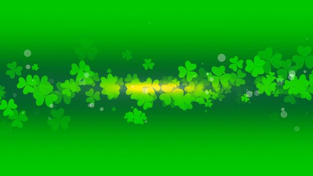 St. Patrick's animated clovers against a green and yellow vignette background. For use as a general backdrop, design element or as an overlay for placement of text or other copy.