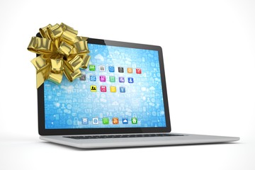 Tied laptop with golden bow on white background. Modern present or gift for birthday, holiday, christmas. 3D rendering.