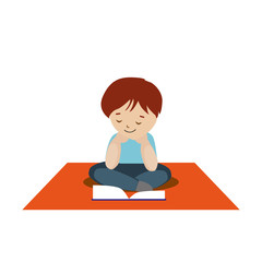 Boy sitting on the carpet and reading a book or tutorial. Cartoon character isolated on white background. Vector, illustration EPS10.