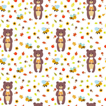 Seamless pattern with funny bears and bees. Cute children backgr