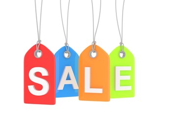 Colorful isolated sale labels on white background. Price tags. Special offer and promotion. Store discount. Shopping time. 3D rendering.
