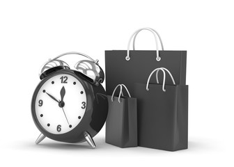 alarm clock and shopping bag (time to buy concept). 3d rendering.