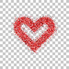 Red glitter Valentines day heart sign badge with transparent background for logo, design concepts, banners, labels, postcards, invitations, prints, posters, web. Vector illustration.