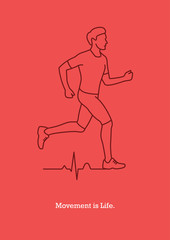 Fototapeta na wymiar Vector illustration with running man silhouette and heart pulse line. Motivational banner or poster creative design concept.