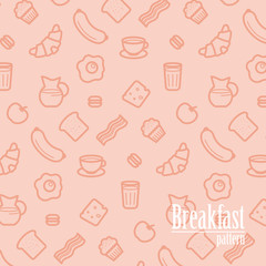Breakfast Background. Seamless Pattern With Line Icons of Food Like Sausage, Bread, Croissant, Bacon, Muffins, Coffee, Milk etc. Vector Illustration.