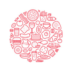 Background With Line Icons of Food Like Sausage, Cake, Donut, Croissant, Bacon, Muffins, Coffee, Salad etc. Vector Illustration.