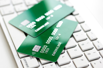Credit cards on the keyboard close up