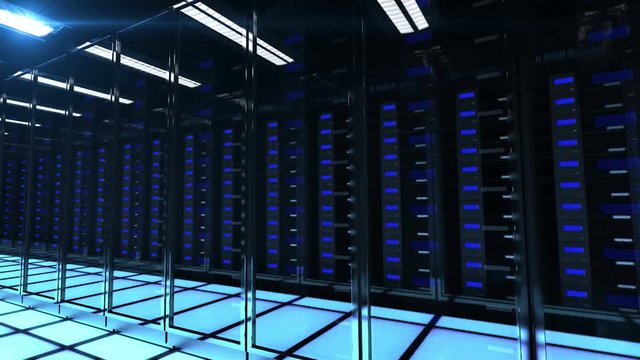 Seamlessly looping animation of rack servers in data center. Slightly blurred reflection of the computers in the server. 4k