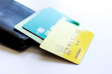 Credit cards with wallet close up - online shopping