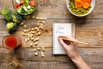 concept diet, slimming plan with vegetables top view mock up