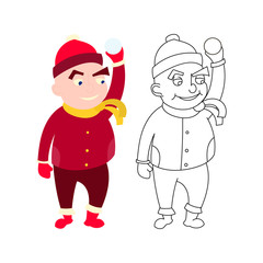 Little boy in winter clothes, cartoon style isolated on white background. coloring little kid in red hat and scarf in warm winter clothes with snow