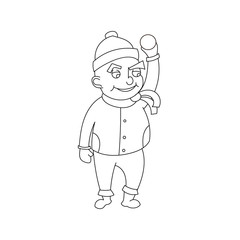 Little boy in winter clothes, cartoon style isolated on white background. coloring little kid in red hat and scarf in warm winter clothes with snow