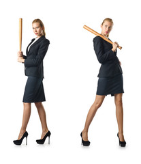 Businesswoman with baseball bat on white