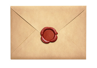 Old letter envelope with red wax seal isolated