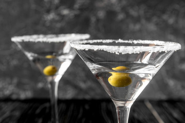 martini cocktail at wooden background close up