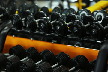 Rack with different dumbbells in gym, close up