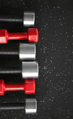 Different dumbbells on floor in gym