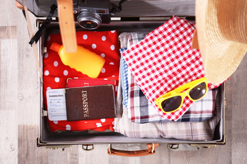 Packed traveller suitcase on the floor