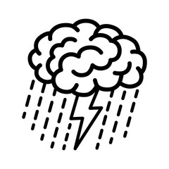 Brain brainstorm / brainstorming with lightning bolt and rain line art vector icon for apps and websites