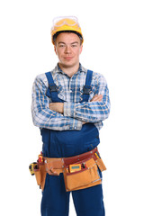 Electrician with special tools on white background