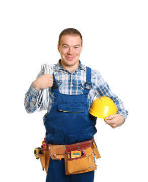 Electrician with special tools on white background