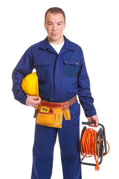 Electrician with special tools on white background