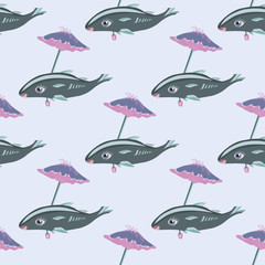 Sea fish under the umbrella. Seamless pattern. - vector illustra