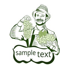 A farmer with a crop of grapes. Hands with a bunch of grapes. A farmer with a crop of grapes. Wine label template. Graphic arts.