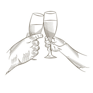 Two people clink glasses. Two hands make a toast.