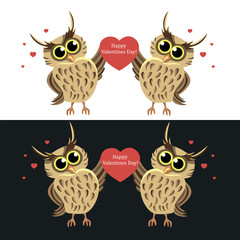 Two owls with heart. Happy Valentine's Day.- vector illustration