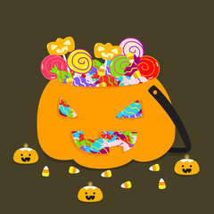 Halloween Jack o lantern bucket full of candies and lollipops and tiny pumpkin candles vector illustration.