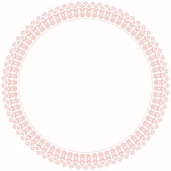 Oriental round frame with arabesques and floral elements. Floral fine border. Greeting card with place for text. Light pink pattern