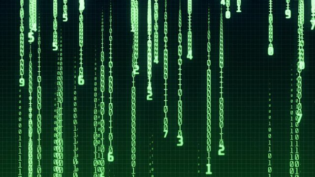 Matrix style green binary code rain looped animation