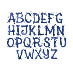 Watercolor aquarelle font type handwritten hand drawn doodle abc alphabet blood and blots stain splashes.