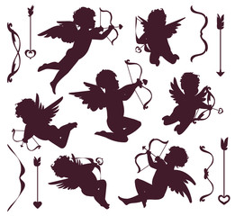 Black and white Cupids Silhouette set. Amour angels with arrows and bows with hearts. Happy Valentines day decorations, handdrawn separated editable elements, isolated on white. Vector illustration.