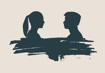 Man and woman silhouettes looking at each other. Grunge brush stroke. Happy valentines day and wedding design elements. Vector illustration. Side view.