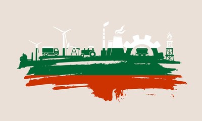 Fototapeta premium Energy and Power icons set and grunge brush stroke. Energy generation and heavy industry relative image. Agriculture and transportation. Vector illustration. Flag of the Bulgaria