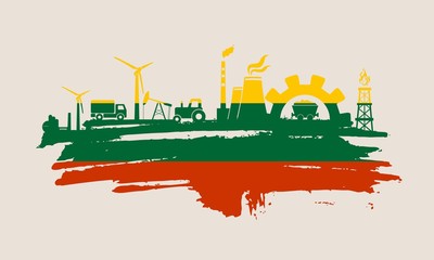 Energy and Power icons set and grunge brush stroke. Energy generation and heavy industry relative image. Agriculture and transportation. Vector illustration. Flag of the Lithuania